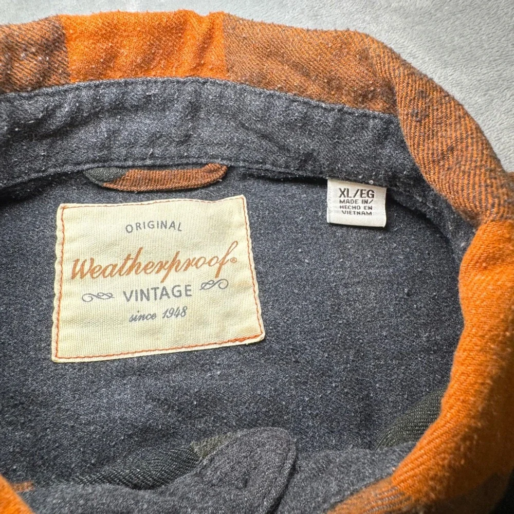 Weatherproof Vintage Men's Plaid Flannel Button Up Shirt Orange Gray Size XL EUC
